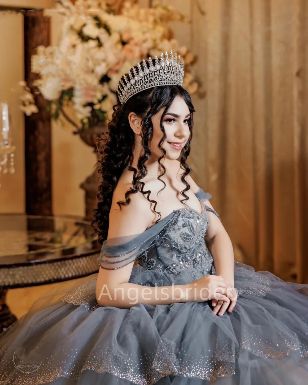 Angelsbride Chic Grey Ball Gown Quinnceanera Dresses Tiered Shiny Applique Beading Evening Party Vestidos De Fiesta