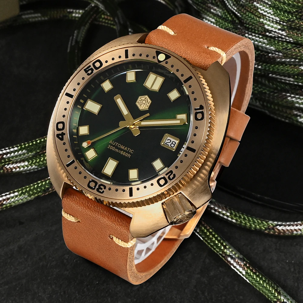 

San Martin Luxury Bronze Watch Turtle Abalone C3 super Luminous Dial NH35 Automatic Mens Watch Leather Strap Mechanical Diver
