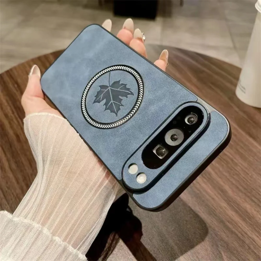 Retro Leather Maple Leaf Magnetic Phone Case with Magsafe Charging Compatibility