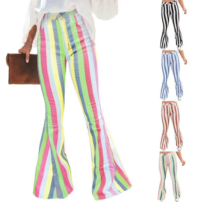 

2023 Spring and Summer Women's Pants Stripe Contrast Tassel Flare Pants New Fashion Mid-rise Pants