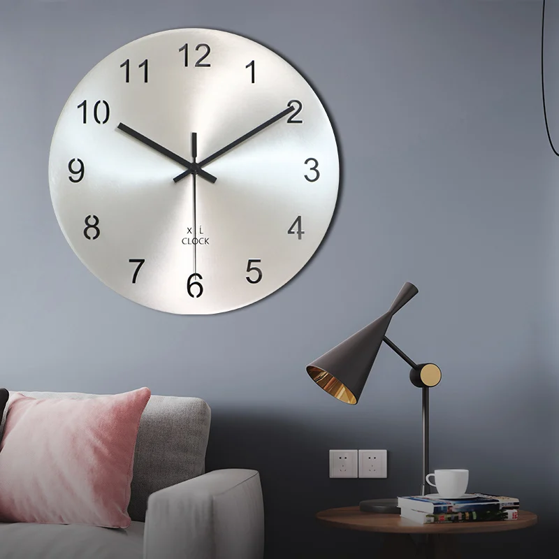

Modern minimalist metal living room wall clock silver clock personality Nordic creative mute free punch fashion digital