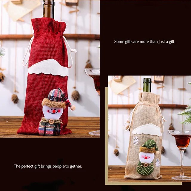 Giant Wine Glass Bottle Bag Christmas Gifts Linen Xmas Popular Cute Pattern Printed Covers Ornaments 2024 Home New Year'S Decor 2