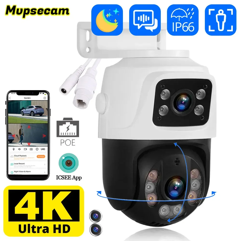 Telecamera Ip Poe A Doppia Lente 8Mp 4K Dual Lens Dual Screen Icsee Smart Wired Video Security Telecamere Cctv Home Iptv Outdoor Waterproof