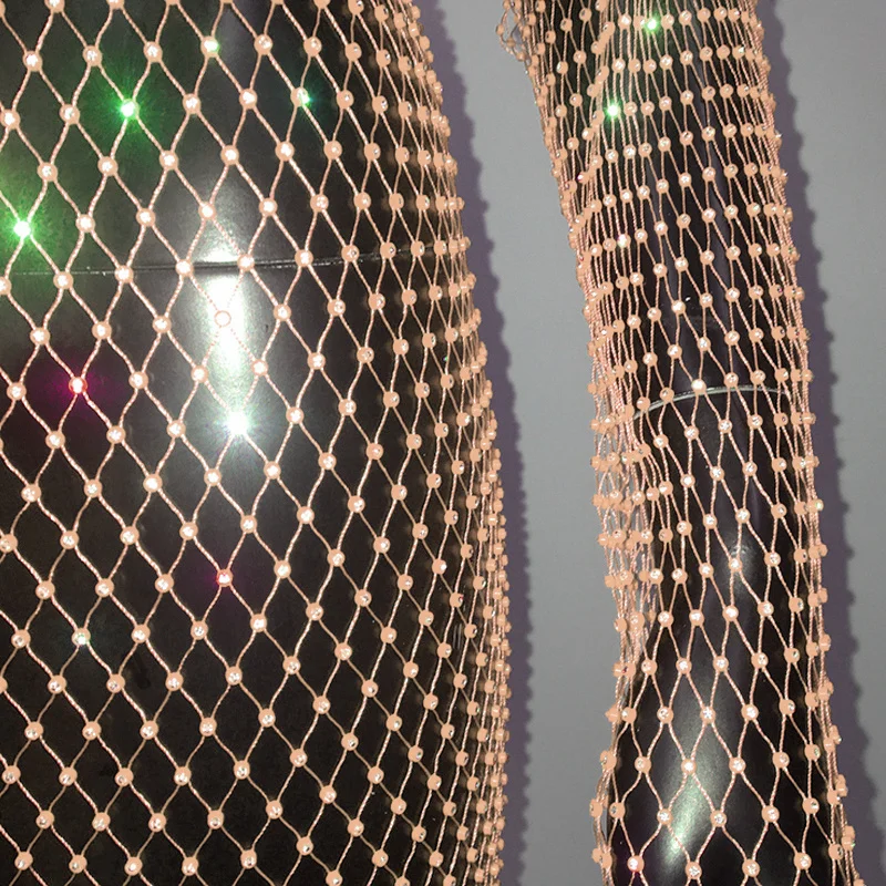 Shiny Rhinestones Grid Fishnet Dress Long Sleeve O-Neck Hollw Out Side Slit Dress Sexy Beach Cover Up Breathable Lady Vestidos