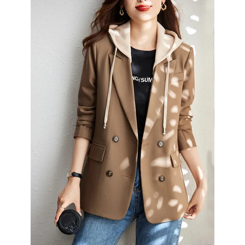 Women Chic Office Lady Single breasted Hooded Blazer Vintage Coat Fashion Notched Collar Long Sleeve Ladies Outerwear Stylish To