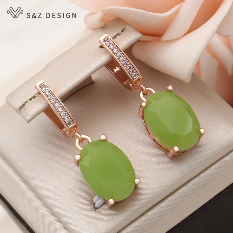 S&Z DESIGN New Fashion Oval Egg Shape Glass Dangle Earrings For Women Elegant Cubic Zirconia Eardrop 585 Rose Gold Color Jewelry