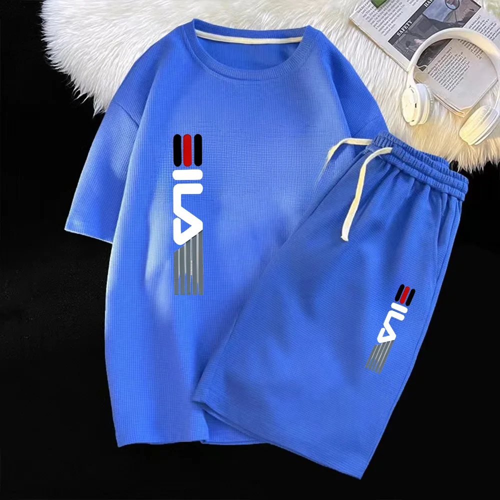 thumbnail image 1 of Conjunto de dos piezas de marca de verano con diseño de gofres para hombre, camisetas, pantalones cortos, traje deportivo, conjunto de jogging, chándal informal para hombre, conjunto masculino, 1 of 4