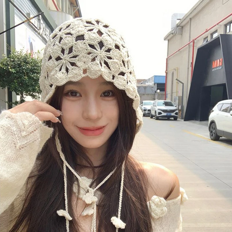 Handmade Hollowed Knit Cap Literary Fisherman's Hat Crocheted Hat Ethnic Baotou Cap Cotton Pullover Hollow Out Hat Breathable 4