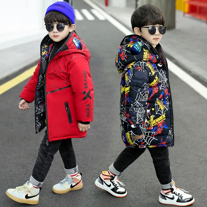 

2023 Winter Boys Down Jackets Coats Clothes Teenage Spiderman Fashion Thicken Warm Snow Coat Children Hooded Long Parka Jacket