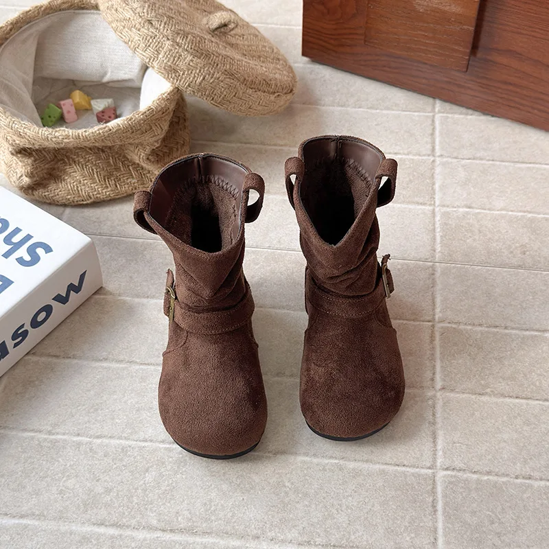 패션 스웨이드 PU 가죽 부츠 가을 겨울 신상 여자 레트로 벨벳 보이 앵클 워머 신발 플랫 사이즈 23-34