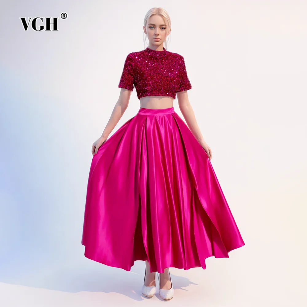 

Женский повседневный комплект из топа и юбки VGH, однотонный комплект из двух предметов, топ с круглым вырезом и коротким рукавом и блестками, трапециевидная юбка с высокой талией