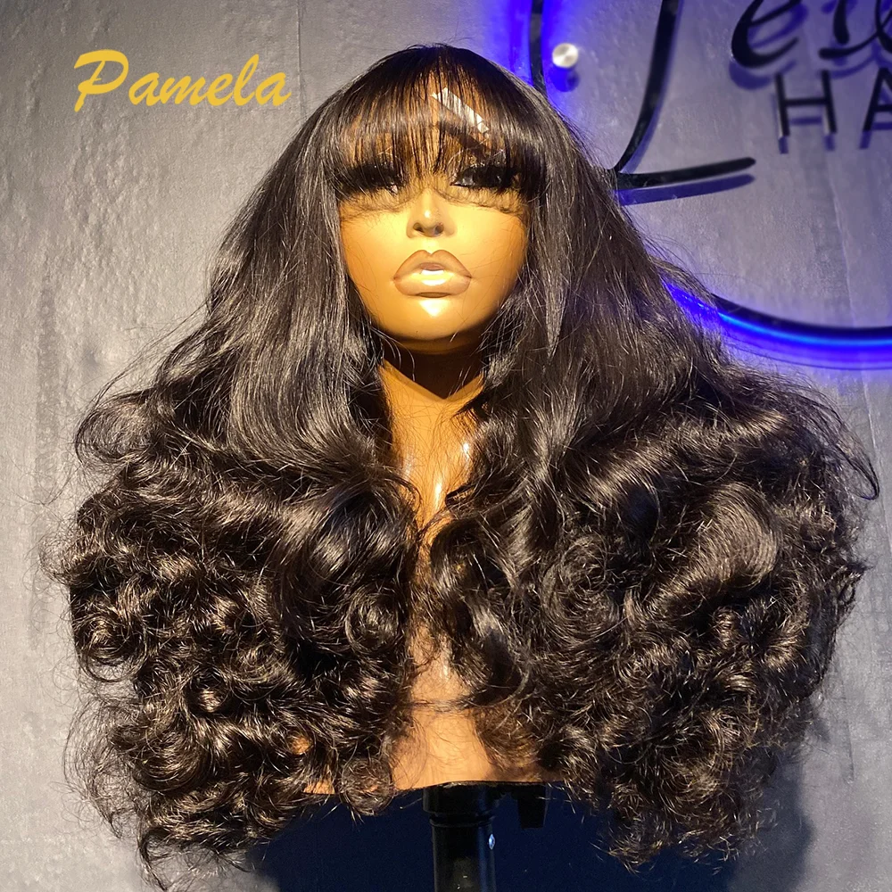 Glueless Super Double Drawn 250% Density Loose Deep Wave With Bangs 4X4 HD Transparent Lace Frontal Human Hair Wigs For Women