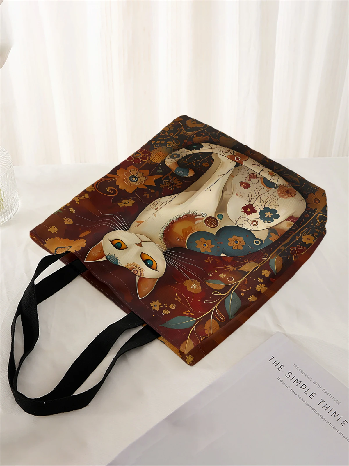 1pc,flower cat handbag, reusable fashionable handbag, multifunctional handbag, printed canvas shopping bag