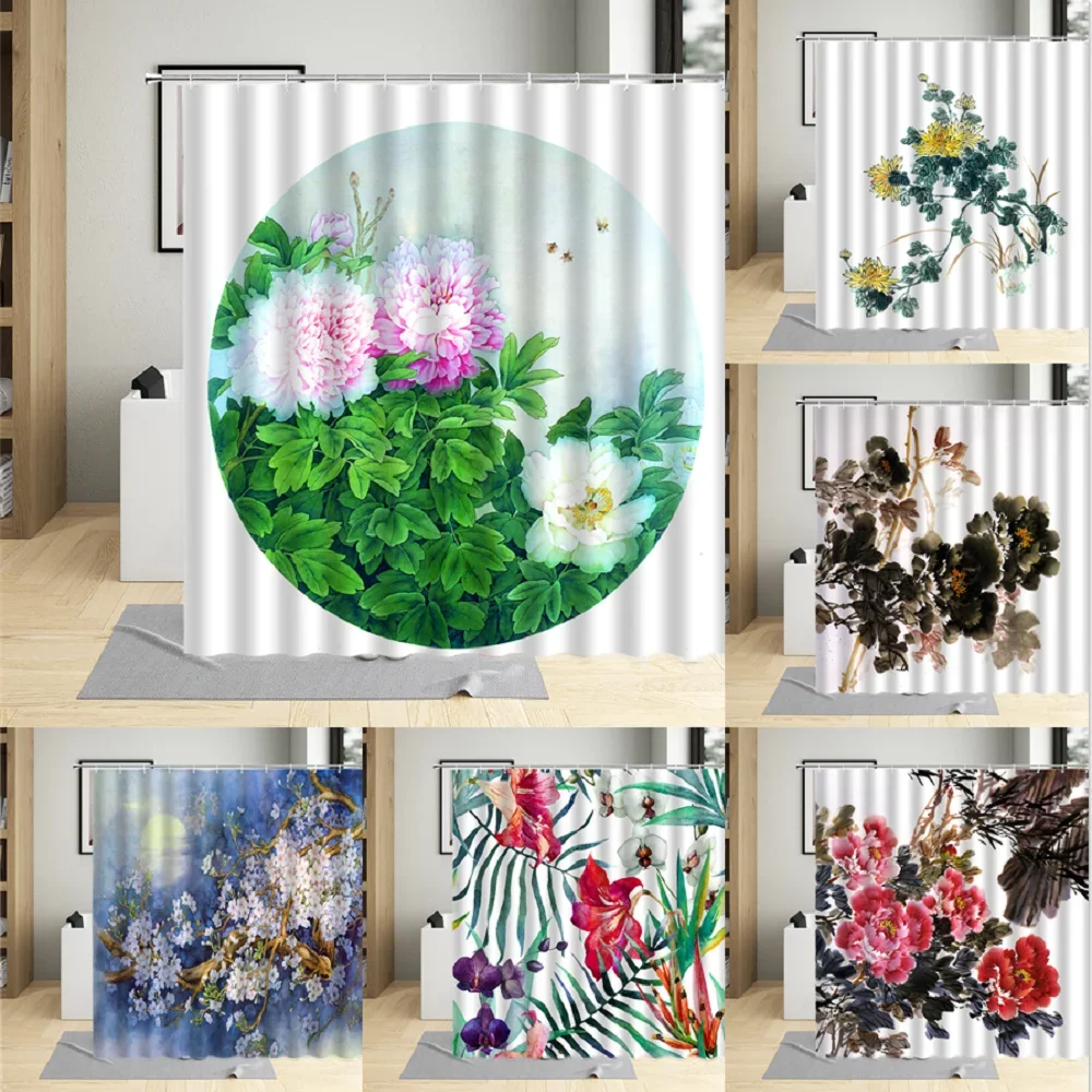 

Bathroom Waterproof Shower Curtain Set Beautiful Ink Painting Peony Flower Print Polyester Fabric Home Decor Curtain With Hook