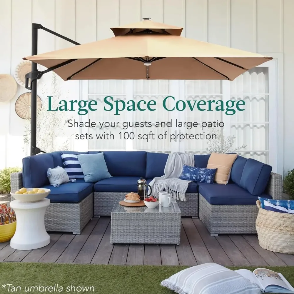 10x10ft 2-Tier Square Cantilever Patio Umbrella with Solar LED Lights, Offset Hanging Outdoor Sun Shade 2