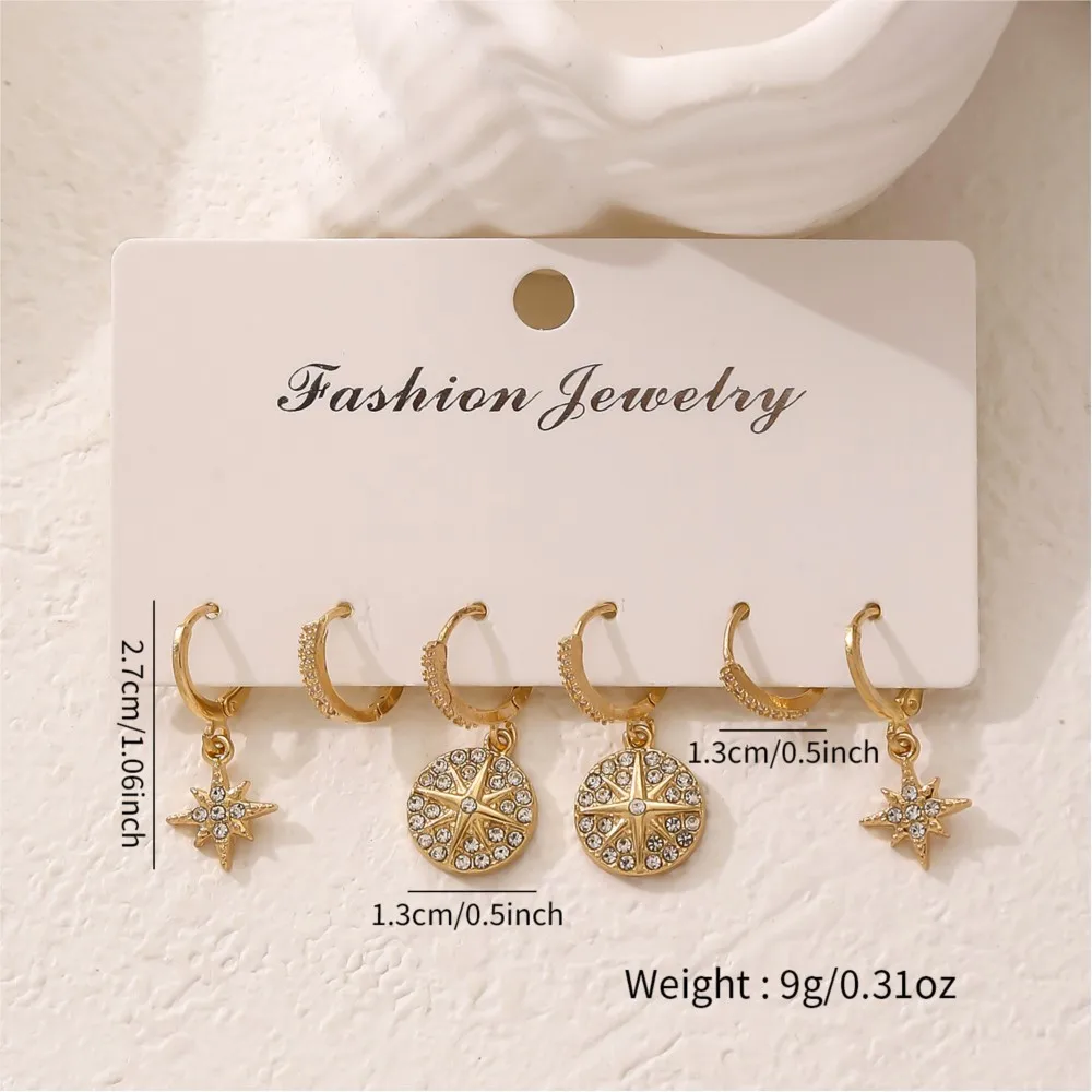 3 Pairs/Set Golden Star Design Shiny Rhinestone Inlaid Dangle Earring for Women Eleagnt Luxury Female Jewelry Gifts