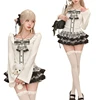 Elegant Vintage Suits Women Sweeet Bow Slim Knitted Cardigan Coats + Lace Mini Skirts Japanese Kawaii 2 Piece Sets Y2k Clothing 3