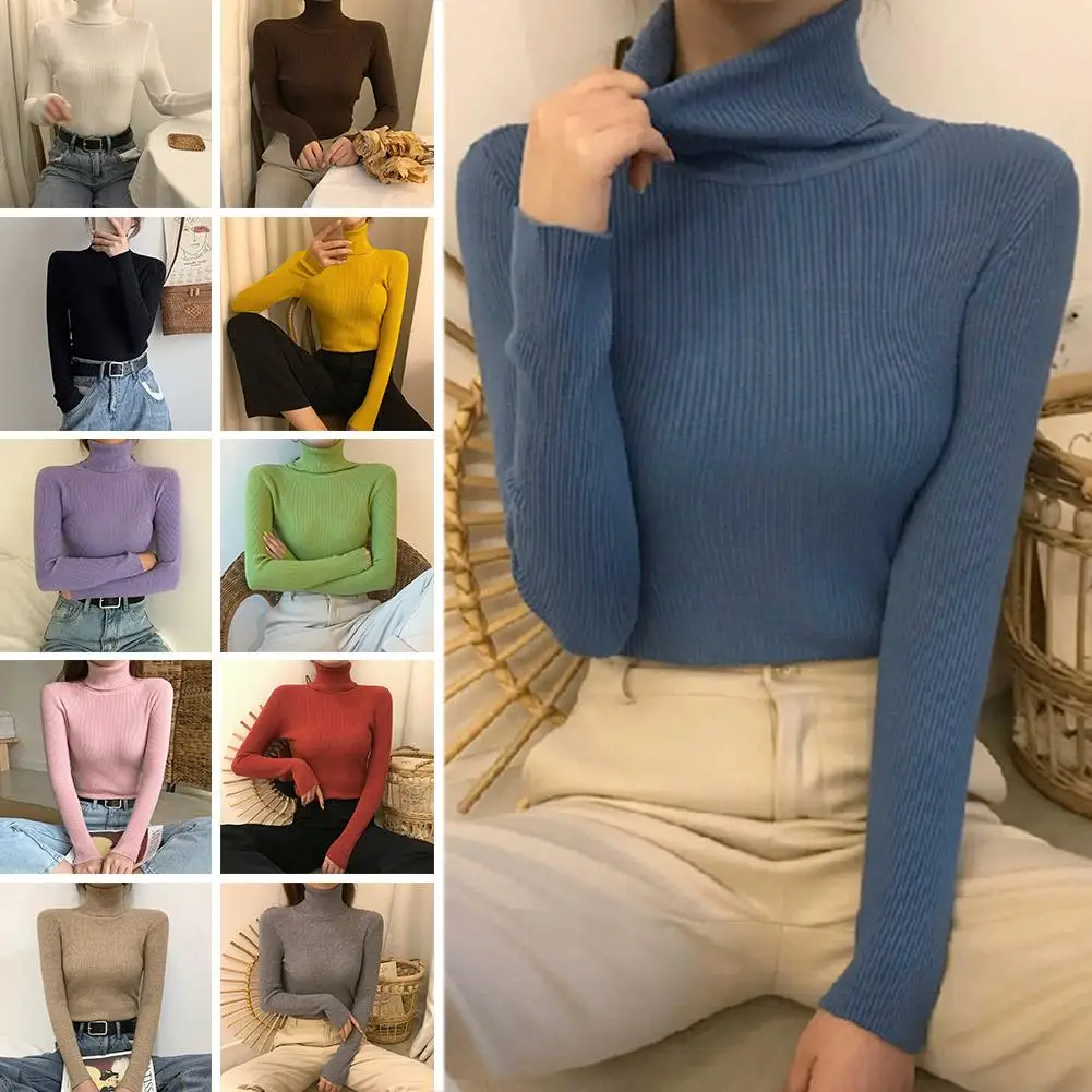 

Autumn Winter Sweater Turtleneck Slim Fit Basic Pullovers Sweater Jumpers Bottoming Tops Stretch Knit Korean Fashion Womens V0Q1