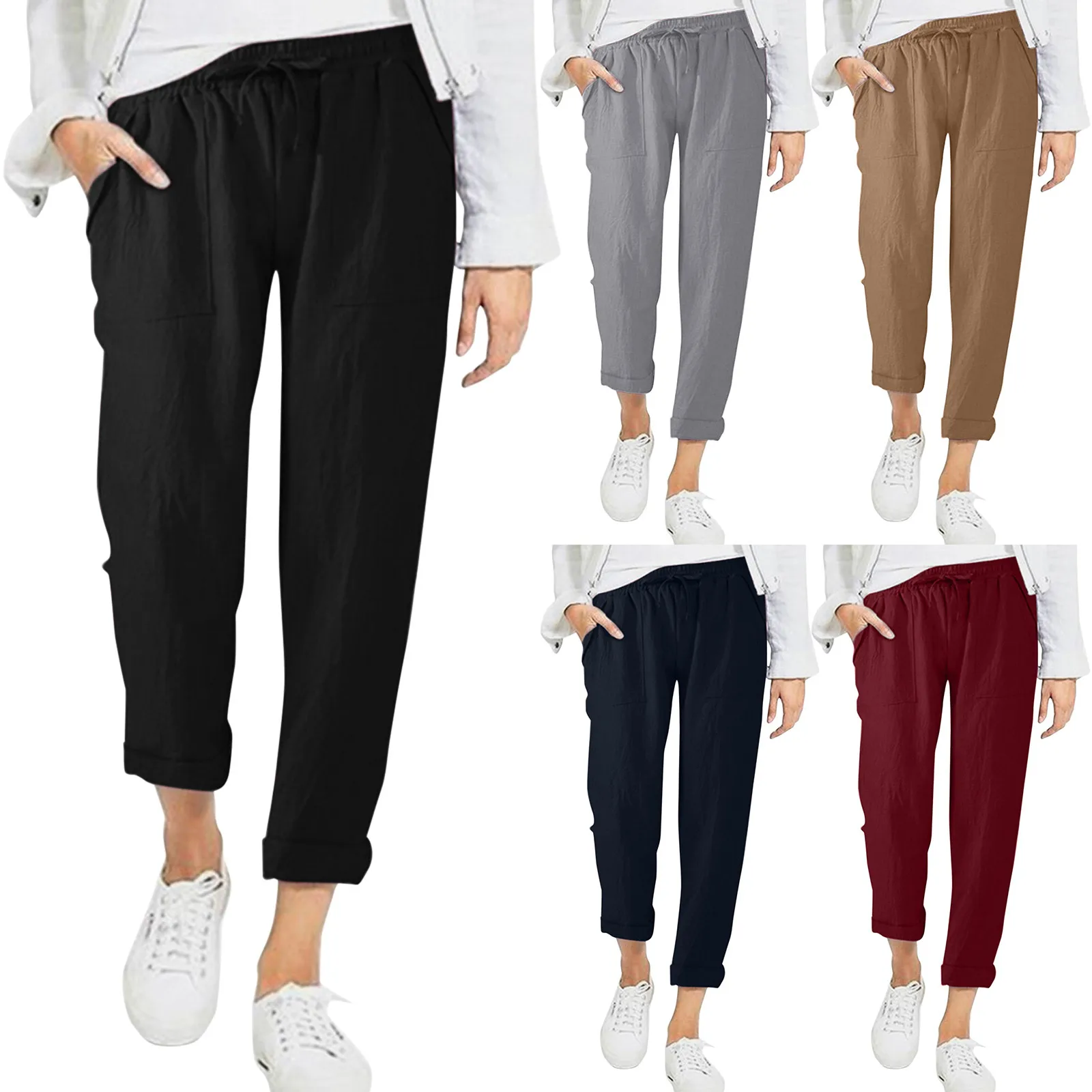 Cotton Linen Pants Women Casual Spring Summer High Waist Elastic Ankle-Length Pants Female Solid Pockets Harem Trousers 2024