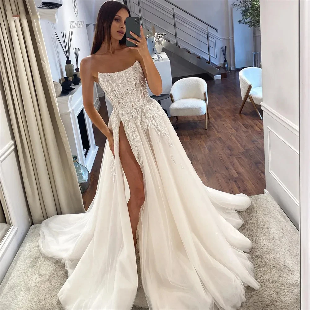 

Блестящие кружевные свадебные платья 2023, блестящие свадебные платья-трапеции с открытыми плечами и Боковым Разрезом, свадебные платья с аппликацией, платья с открытой спиной и квадратным вырезом