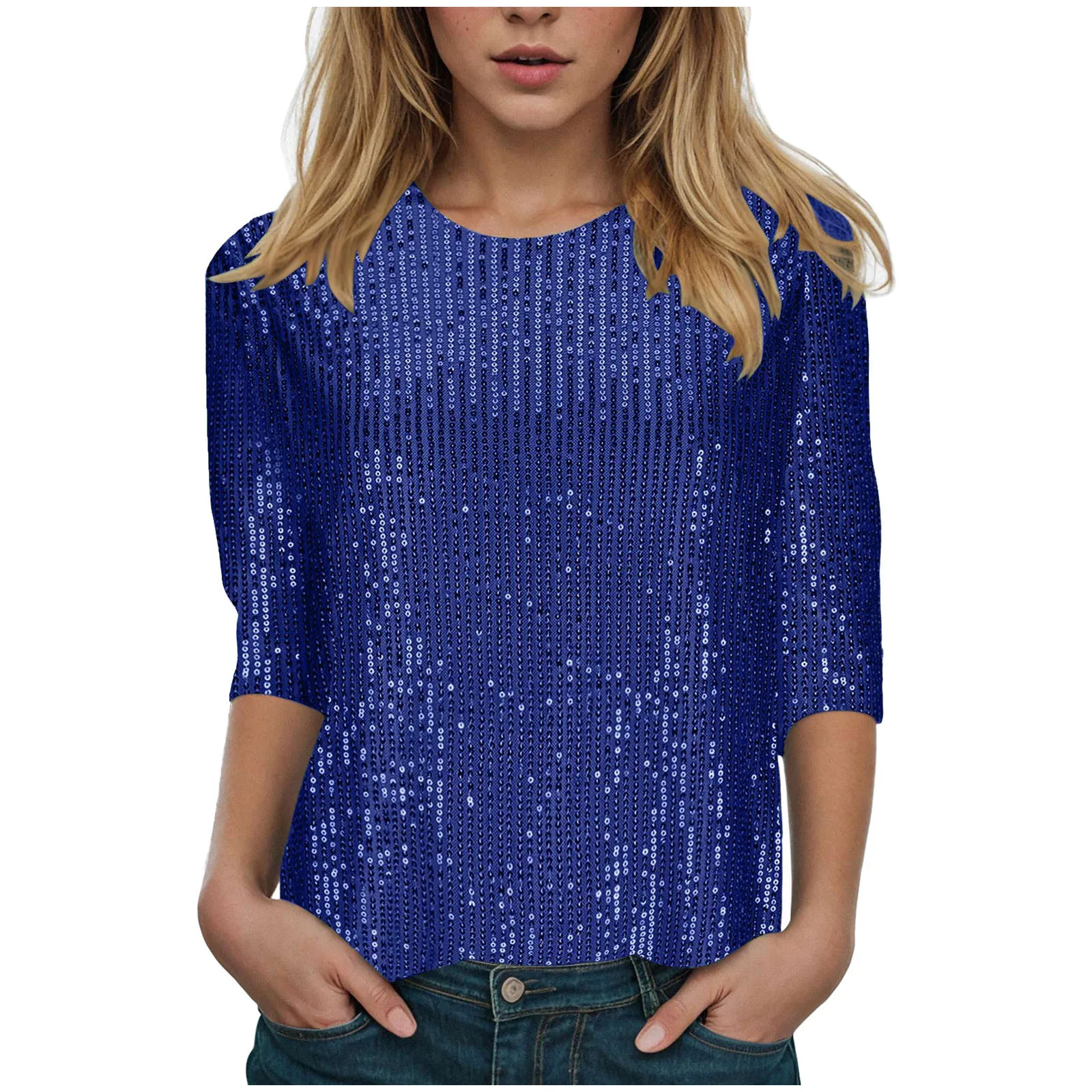 Woman wearing glitter sequin quarter sleeve T-shirt with round neck in a festive club wear setting 02