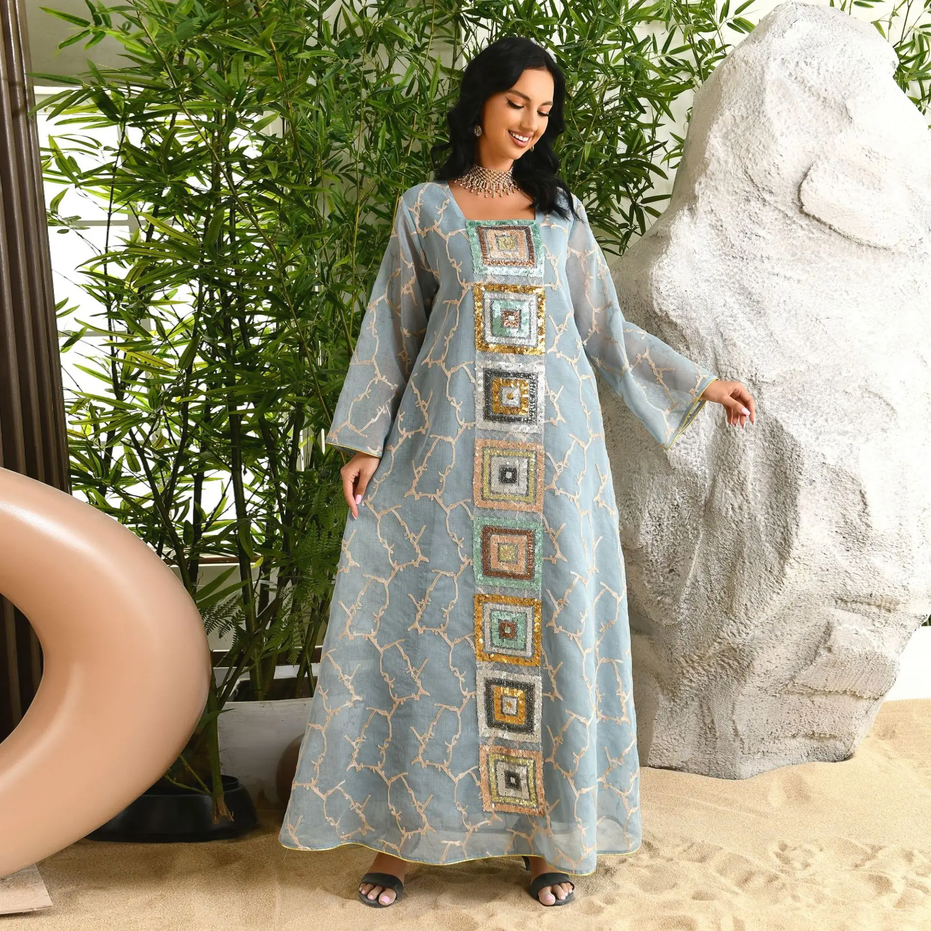 Dubai Luxury Dress Vintage Sequins Embroidery Abaya Long Sleeve Moroccan Arabic Dresses Muslim Ramadan Jalabiya