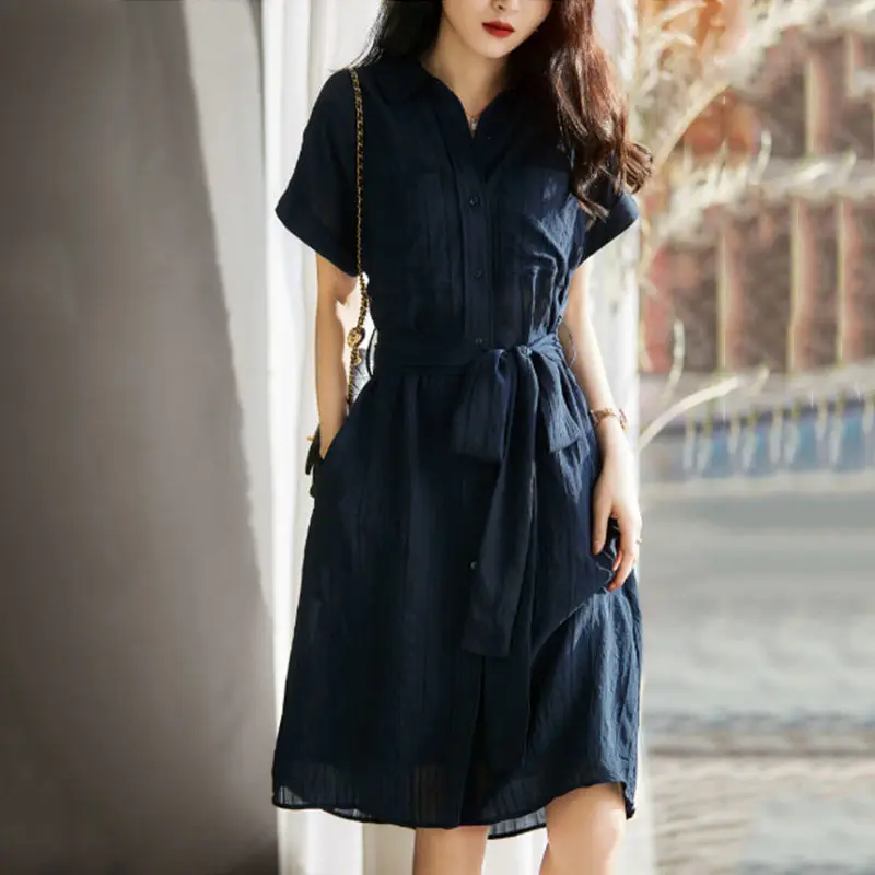 

Summer Vintage Shirt Dresses for Women 2023 Korean Style Office Ladies Pockets Comfortable Belted Pleated Elegant Midi Dress