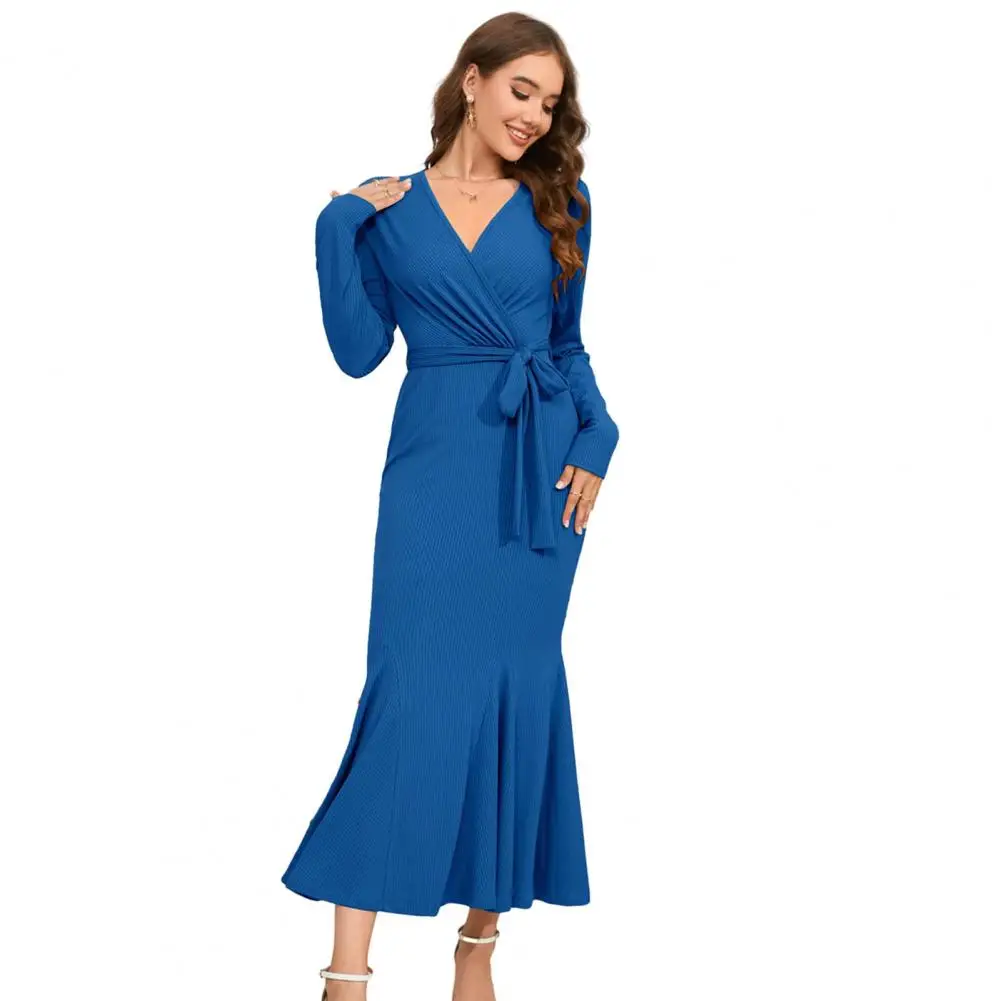 

Fishtail Hem Dress Elegant V-neck Fishtail Midi Dress with Belted High Waist Long Sleeves for Women's Evening Party Banquet Slim