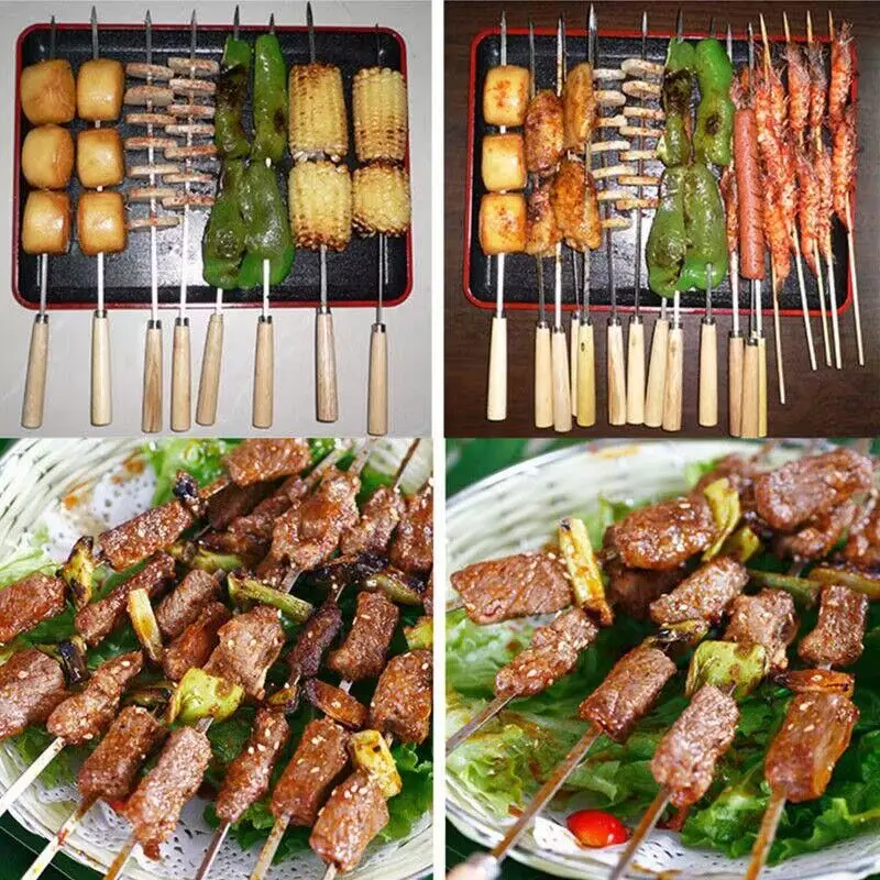 30pcs Wooden Handle Anti-Scalding Barbecue Skewers Can Be Reused 304 Stainless Steel Metal Barbecue Skewers Wide