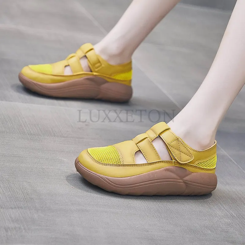 Women Sandals Women Loafers Shoes Breathable Summer Women Sandals Genuine Leather Beach Shoes Cut-Outs Flats Casual Loafers