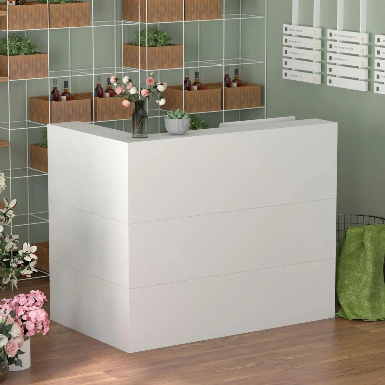 Modern Reception Desk Front Counter, Large Storage Shelves and Drawers, Retail Counter for Room, Reception Desks 2