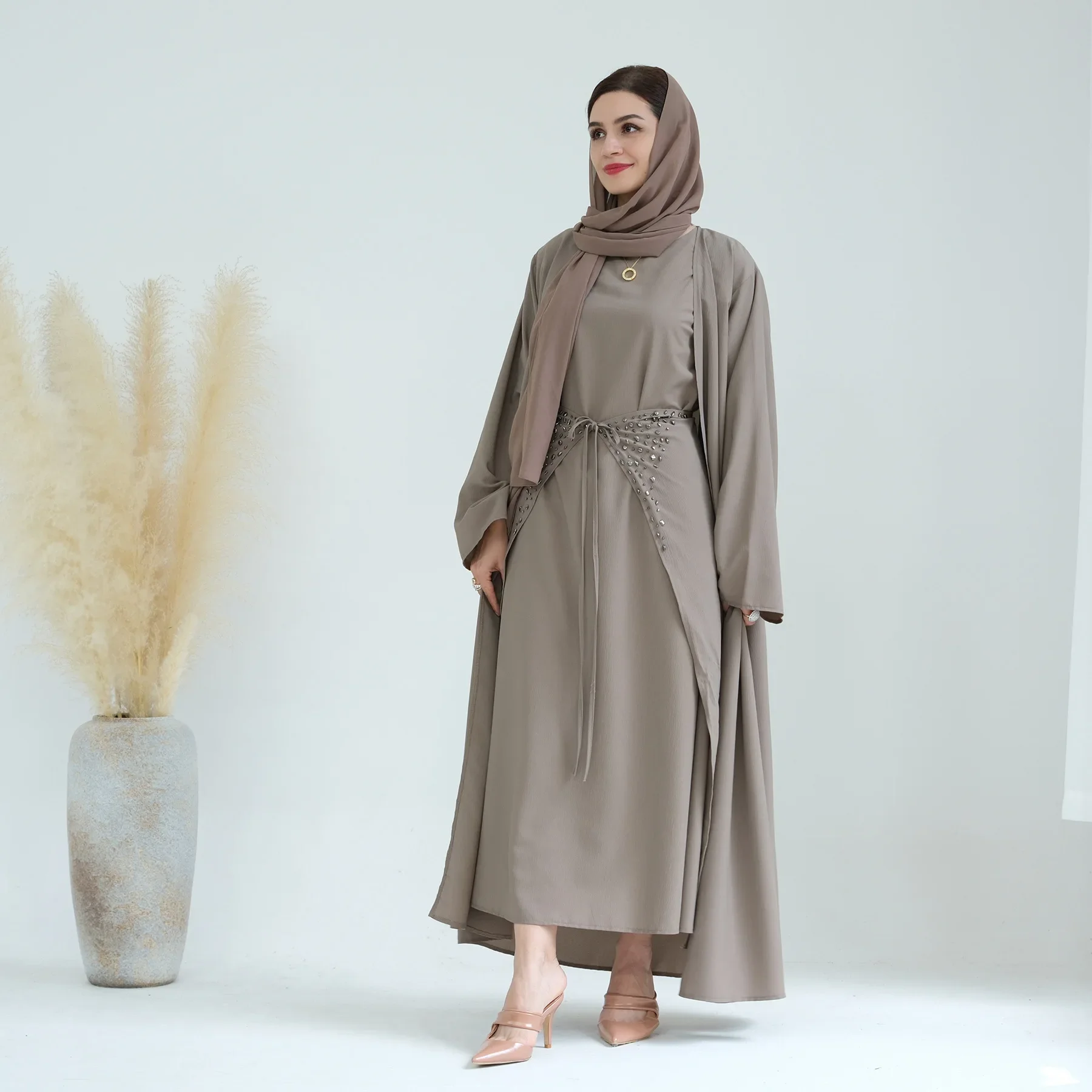 3 Piece Abaya Kimono Wrap Skirt Matching Outfit Muslim Sets Turkey Hijab Dress Pineapple Crepe Open Abayas for Women Dubai Islam