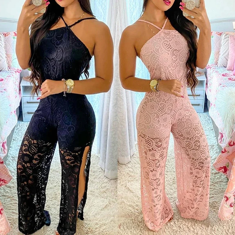 

Elegant Jumpsuit Women 2024 Summer Halter Sleeveless Crochet Lace High Slit See Through Holiday Long Sexy Long One Piece Suits