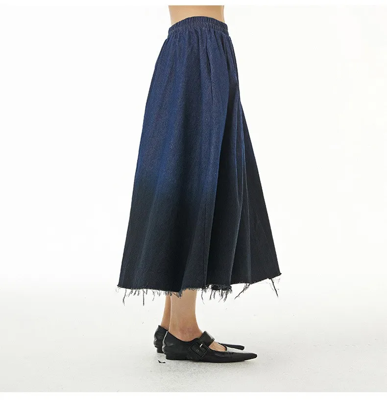 Mid Rise Tie Dye Midi A-Line Skirt  Women’s loose swing hanging cotton denim dyed original design womens pleated mid-calf bell skirts for woman in blue spring summer fashion season