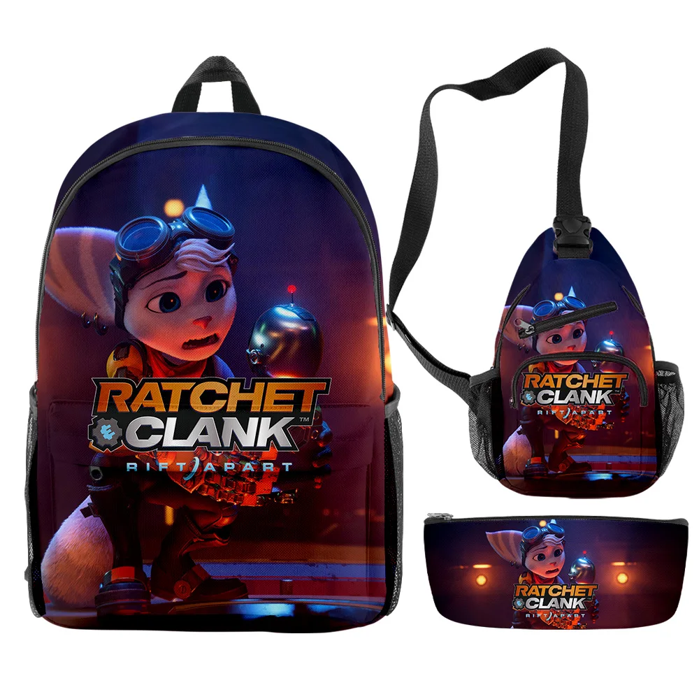 Ratchet & Clank Rift Apart Zaini 3 Pezzi Set Zipper Daypack Borsa A Tracolla Unisex Pencil Bag