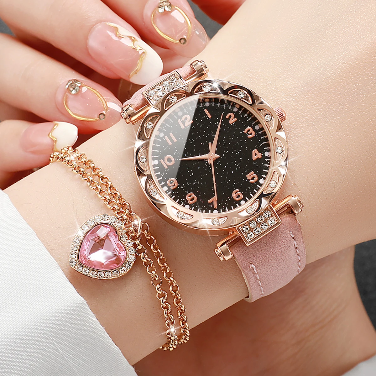 6pcs/set Fashion Women Leather Band Quartz Watch & Love Heart Jewelry Set