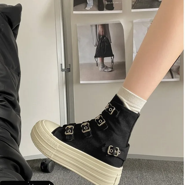 Retro Buckle Design Thick Soled Casual Canvas Short Boots for Women Autumn Comfortable Non Slip Chunky Ankle Boots