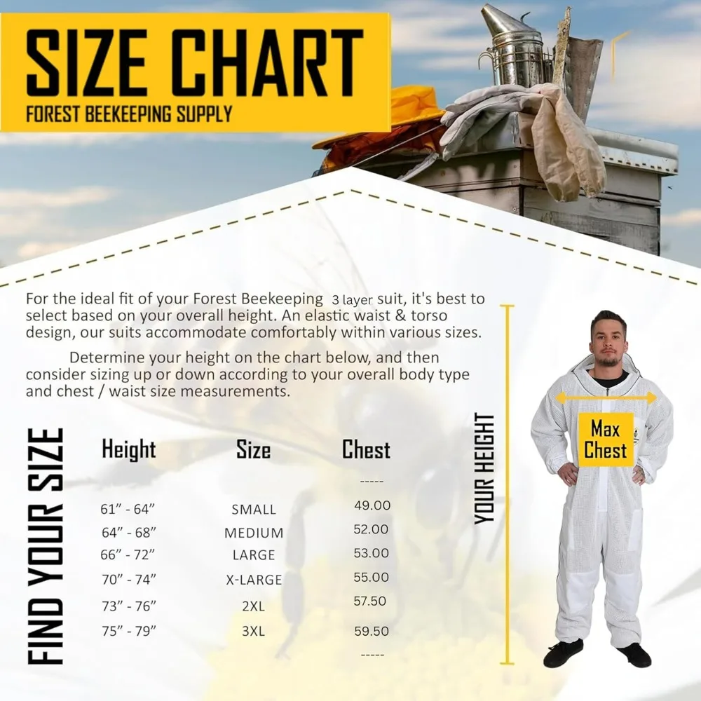 3 Layer Ventilated Bee Suit for Apiarist, Breathable & Durable-Protection and Safety for All Beekeepers Protective Clothing