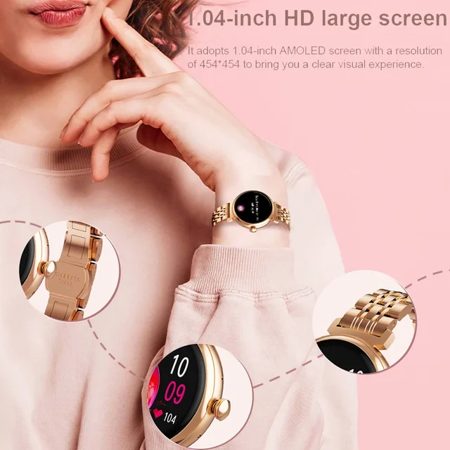1.04 inch AMOLED Screen Fashion Ladies Smart Watch Screen Always Display Bluetooth Call Smartwatch Metal Body Small Screen Watch 6