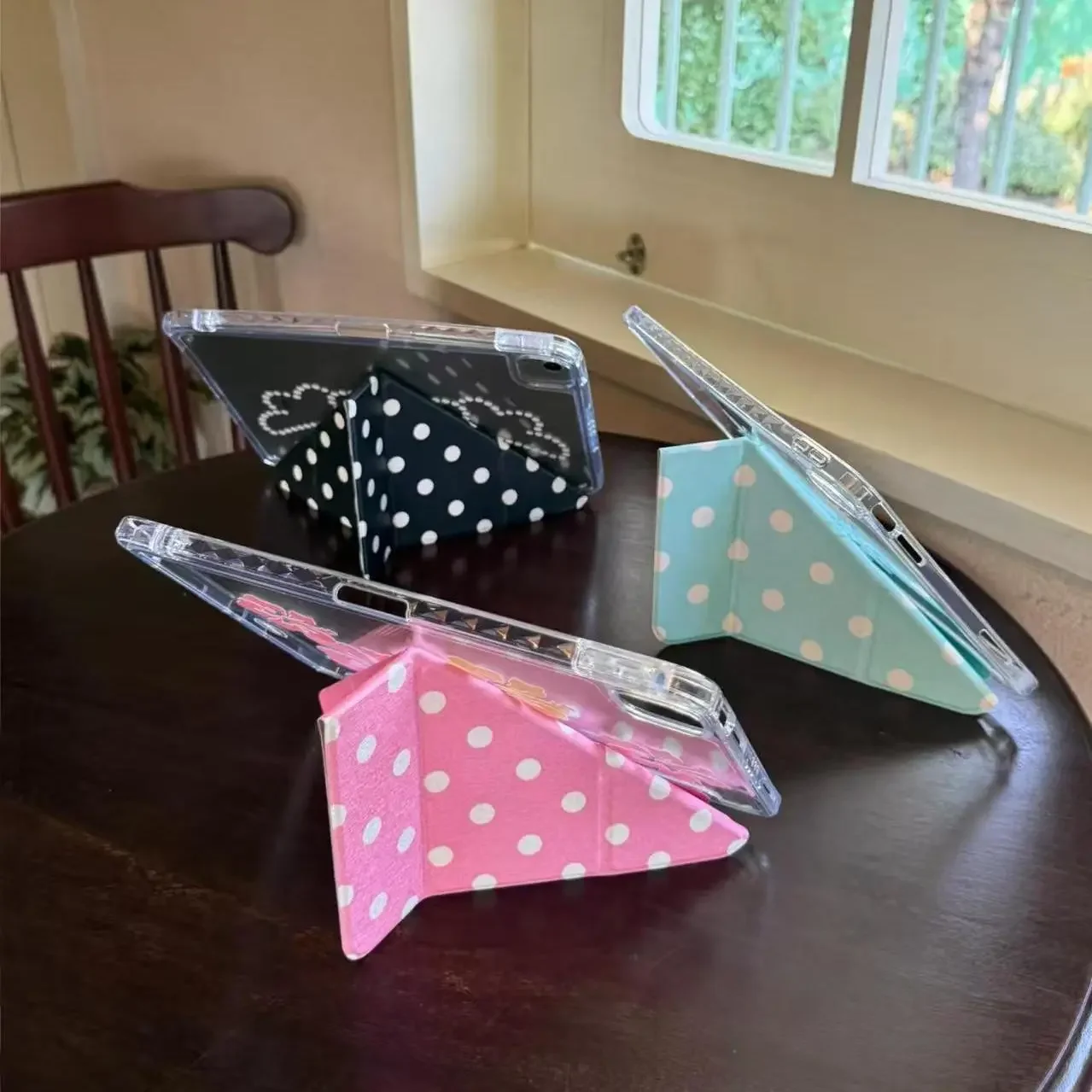 White Polka Dot Wing iPad Case with Pen Holder and Smart Y Folded Edge Design