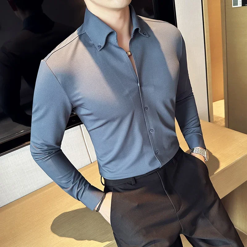 

Brand Clothing Men's Spring High Quality Long Sleeve Shirts/Man Slim Fit Fashion Casual V-neck Office Dress Shirt 4XL-M