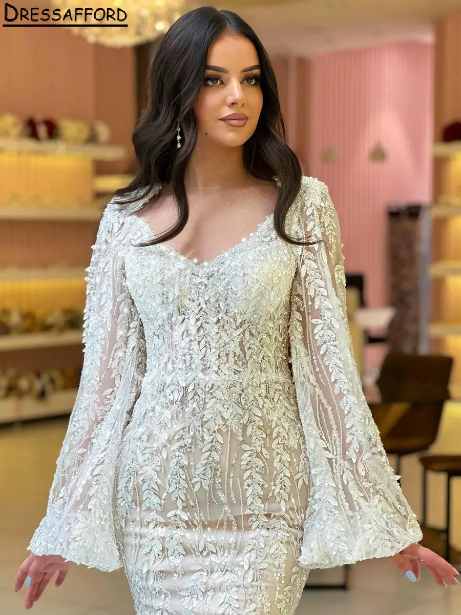 

Gorgeous V-Neck Long Sleeve Mermaid Evening Dresses 3D Flowers Sequined Beading Arab Formal Party Gowns