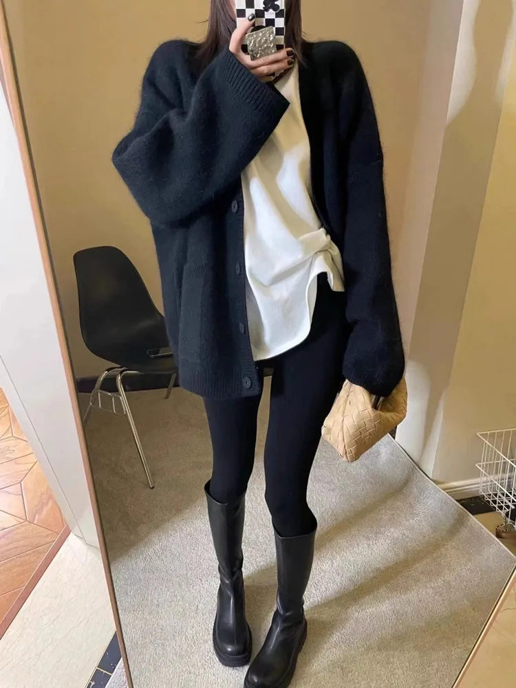Loose Large Size Cashmere Sweater Coat Women Korean Mid Length 100% Pure Merino Wool Knit French Cardigan Autumn/Winter Jacket 6