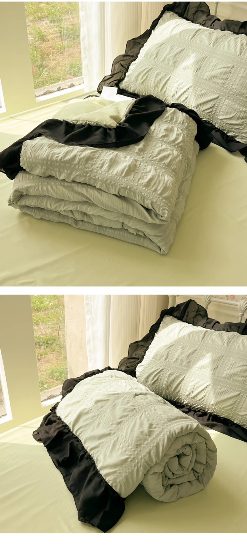 91 Home Textiles Network, the first-hand source of home textiles, looking for Home Textiles (Total) Ziqin 2025 new seersucker Korean version chiffon lace single summer quilt four-piece set