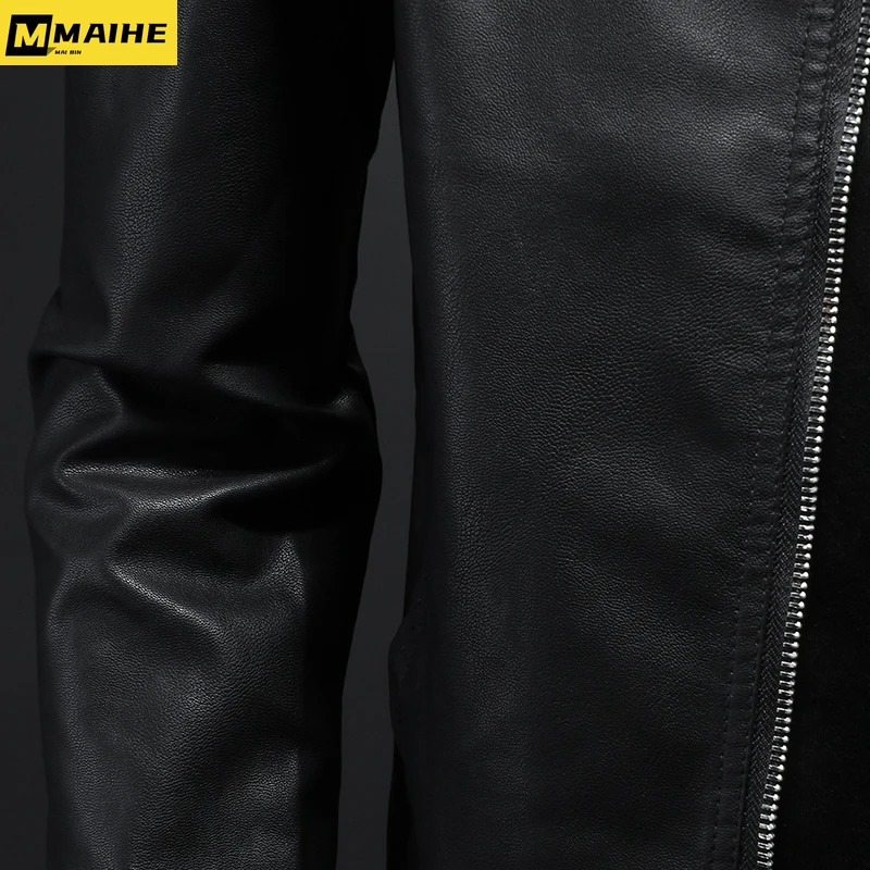 New Men Leather Jacket Classic Slim Fit Motorcycle PU Leather Jacket Solid Color Standing Collar Men Large Black Leather Jacket