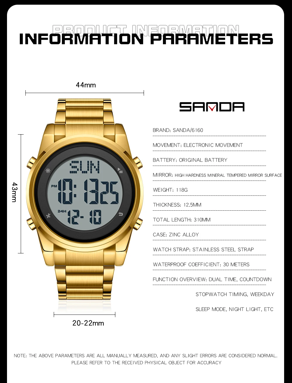 SANDA 6160 Outdoor Sport Watch 5ATM Waterproof Digital Led Watches Date Week Alarm Clock Wristwatches For Men Women Reloj Hombre