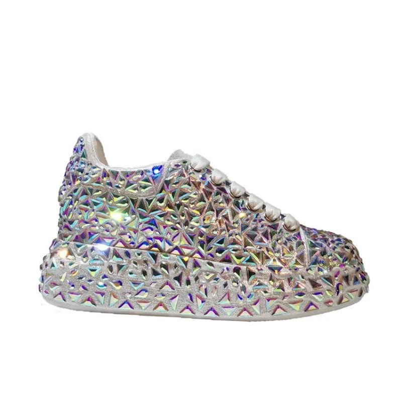 2022 Autumn Spring Leather Women Shoes New Style Fashion Platform Shoes Ins Platforms Sneakers Tide Shine Bling Rhinestone Shoes