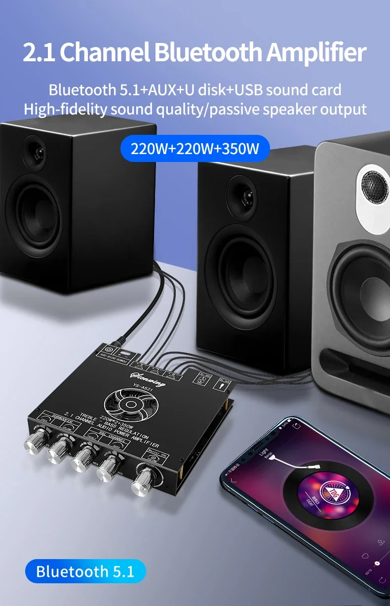 Description Picture 3 of itemYS-AS21 2*220W+350W 2.1 Channel BT Digital Power Amplifier Board TPA3251 AMP Subwoofer Treble Bass Tone Audio APP USB Function