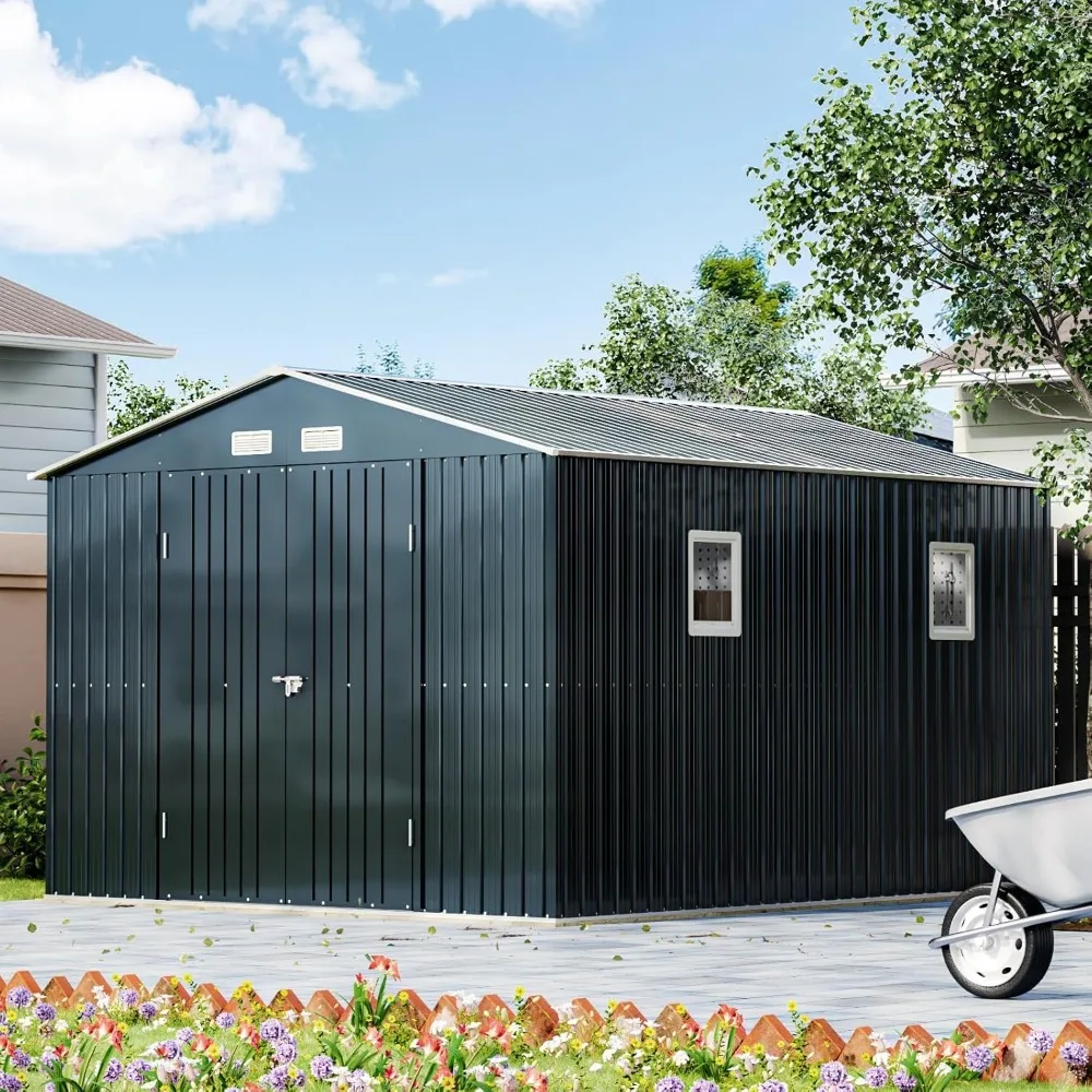 10X12X7.5 FT Outdoor Steel Storage Shed with Lockable Doors, 2 Windows, Transparent Roof Panels 6