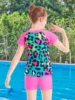 2-Piece Swim Set Swimming Suit Girls Short Sleeve Kids Tops with Boyleg Shorts Swimsuit Leopard Print Swimwear Color Blocking 3